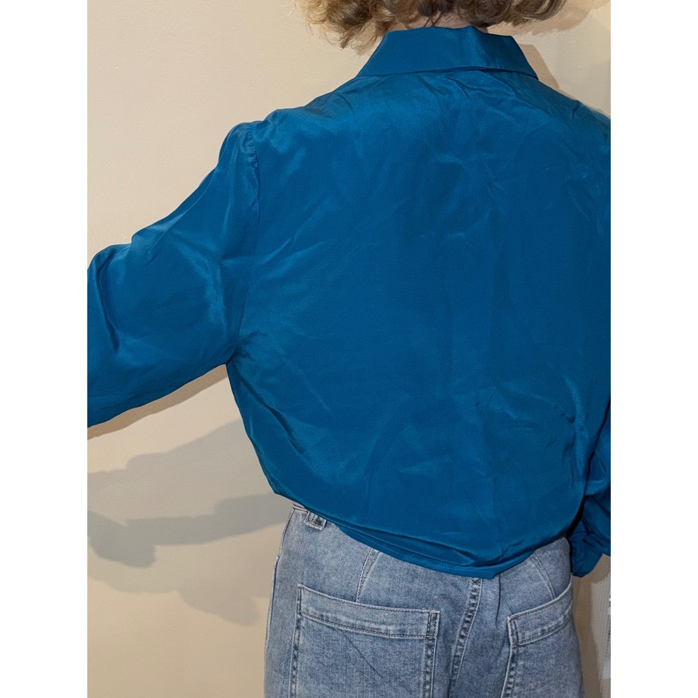 Anne Taylor 100% Silk Blouse Teal Blue Double Pocket Button Down Shirt - Picture 7 of 12